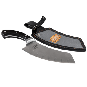 Black Yoshihiro VG10 chef's knife. Japanese steel with a pakkawood handle. Includes a protective sheath.