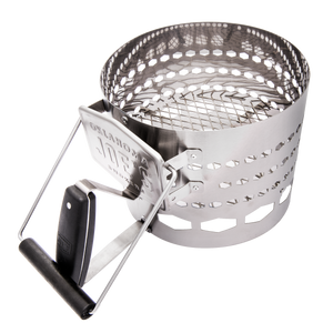 Silver charcoal basket with black handles. Designed for easy grilling.