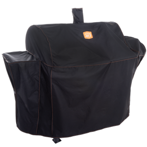 Black grill cover protects from weather. Durable fabric with drawstring.