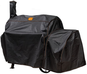 Black grill cover. Protects outdoor grills from weather. Durable, waterproof material.