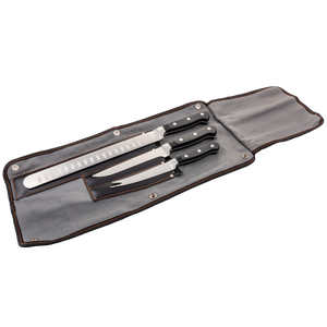 Black grilling utensil set. Includes tongs, spatula, and fork. Stored in a gray carrying case.