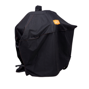 Black grill cover with red trim. Protects outdoor grills from weather. Durable and waterproof material.