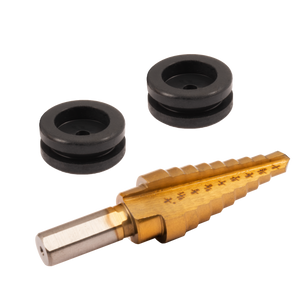 Adjustable reamer tool. It has a steel body and a black rubber handle. Used for enlarging holes.