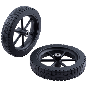Black rubber tire with a metal rim. It's a heavy-duty wheel.