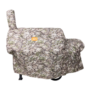 Green camo grill cover. Protects outdoor grills. Durable, waterproof material.