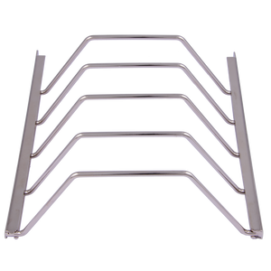 Silver stainless steel grill rack. Designed for cooking food. It has multiple bars.