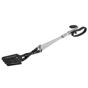 Black Weber utensil with stainless steel frame. A useful tool for grilling.