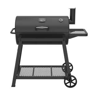 Black barrel-style outdoor smoker grill with side shelf, wheels, and temperature gauge. Mesh storage rack below.