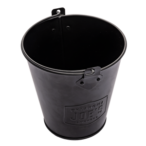 Black metal Oklahoma Joe smoker. It has a handle and thermometer.