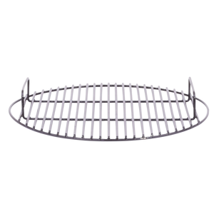 Oval metal grill rack with raised sides, open bars for airflow, ideal for grilling or roasting food.