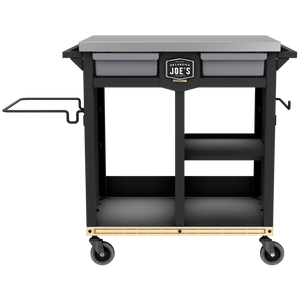 Black Weber propane grill on wheels. Stainless steel accents. Outdoor cooking appliance.