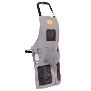 Gray leather work apron with pockets. Durable and functional for protection.