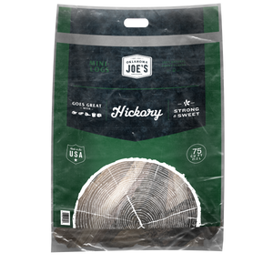 Green bag of Oklahoma Joe's hickory wood chunks. Smoking wood for grilling and smoking.