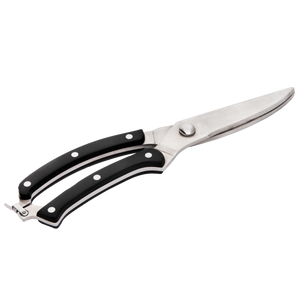 Black handled kitchen shears. Stainless steel blades. Sharp and ready to use.