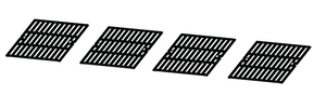 Set of four black metal grill grates with parallel slats, shown at an angle. Ideal for grilling or ventilation use.