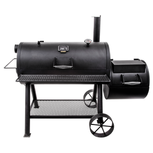 Black Weber propane grill with side table and wheels. Stainless steel burners.