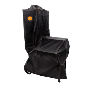 Black grill cover protects outdoor cooking equipment. Durable material shields from weather.