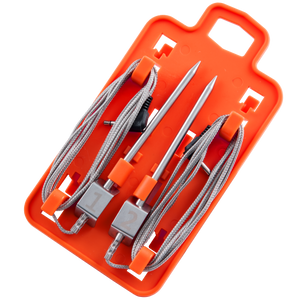 Orange meat thermometer with probes. It's in a plastic case.