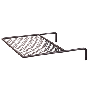 Black metal mesh grill grate with two side handles, designed for outdoor cooking over an open fire.