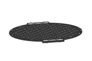 Round metal mesh grill with handles, black, ideal for outdoor cooking or BBQ.