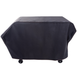 Black grill cover with wheels. Protects outdoor grills from weather. Durable fabric construction.