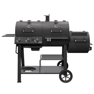 Black Weber propane grill with side burner and cart. Stainless steel accents.