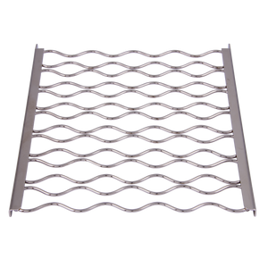 Silver stainless steel grill grate. Designed for outdoor cooking. Features a wavy surface.