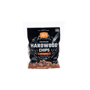Brown wood chips in a bag. Smoking wood chunks for grilling. Joe's Kansas City BBQ brand.