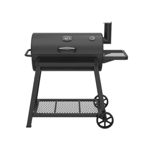 Black barrel-style outdoor smoker grill with side shelf, wheels, and temperature gauge. Mesh storage rack below.