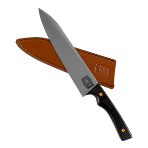 Black-handled fixed blade knife with a sheathed blade. The knife is branded