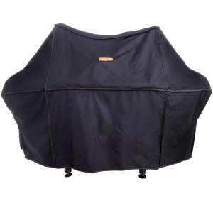 Black grill cover with drawstring and feet. Protects outdoor grills from weather.