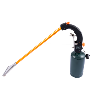 Silver propane torch with a long nozzle. Used for welding or heating.