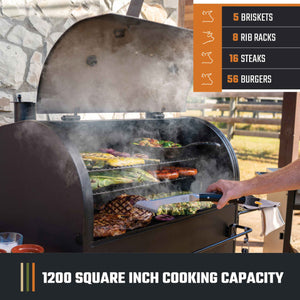 Large outdoor smoker grill with 1200 sq. in. cooking space, grilling briskets, steaks, burgers, and vegetables.