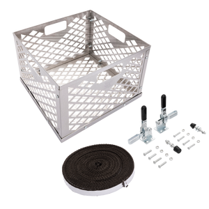 Black grill accessories include a smoker box, straps, and hardware.