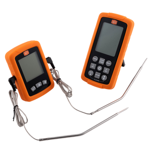 Black digital meat thermometer with stainless steel probes.