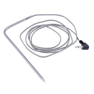 Stainless steel meat thermometer probe with braided cable and 3.5mm plug, ideal for grilling or oven use.