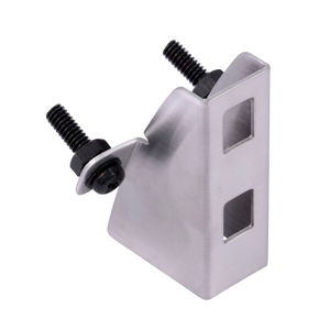 Silver metal bracket with bolts. Used for mounting or securing. Industrial hardware component.