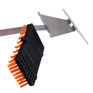 Black grill brush with orange nylon bristles. Ideal for cleaning grill grates.