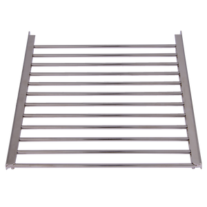 Silver stainless steel grill grate. Designed for outdoor cooking. Features a durable construction.