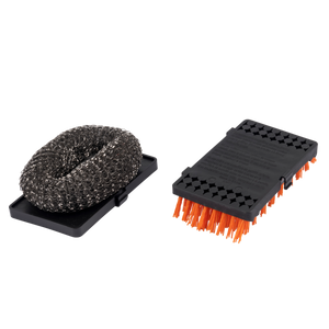 Black grill brush with stiff wire bristles. Ideal for cleaning grill grates.