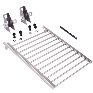 Silver grill rack with mounting hardware. Stainless steel construction.