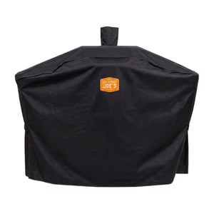 Black grill cover with Oklahoma Joe's logo, durable fabric, top handle for easy removal, fits large grills.