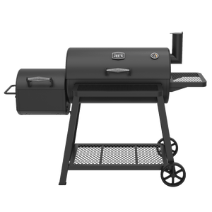Black offset smoker grill with side firebox, wheels, mesh shelves, and temperature gauge. Ideal for outdoor BBQ and smoking.