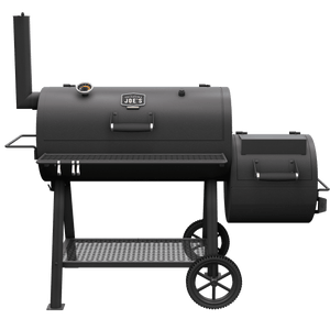 Black offset smoker grill with side firebox, large wheels, and sturdy metal shelves for outdoor barbecue cooking.