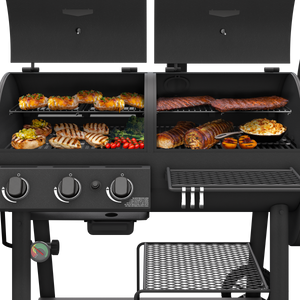 Black stainless steel gas grill with burners. Stainless steel side shelves and warming rack.