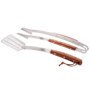 Set of stainless steel BBQ tongs and spatula with wooden handles and hanging loops. Ideal for grilling.