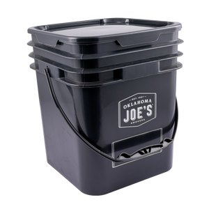 Black square plastic bucket with lid and handle, labeled