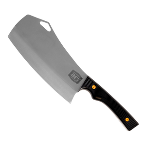 Black and silver Cleaver with a wooden handle. Heavy-duty kitchen tool.
