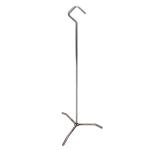 Silver metal tripod. It has three legs. Simple design.
