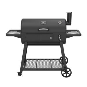 Large black barrel smoker grill with side shelves, wheels, and a chimney. Mesh storage rack below for easy access.